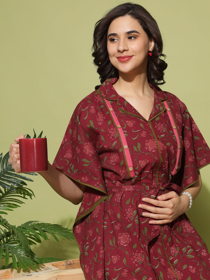  Maternity Kaftan  Nursing in Style: Maroon Floral Maternity Dress with Collar- 9shines label 