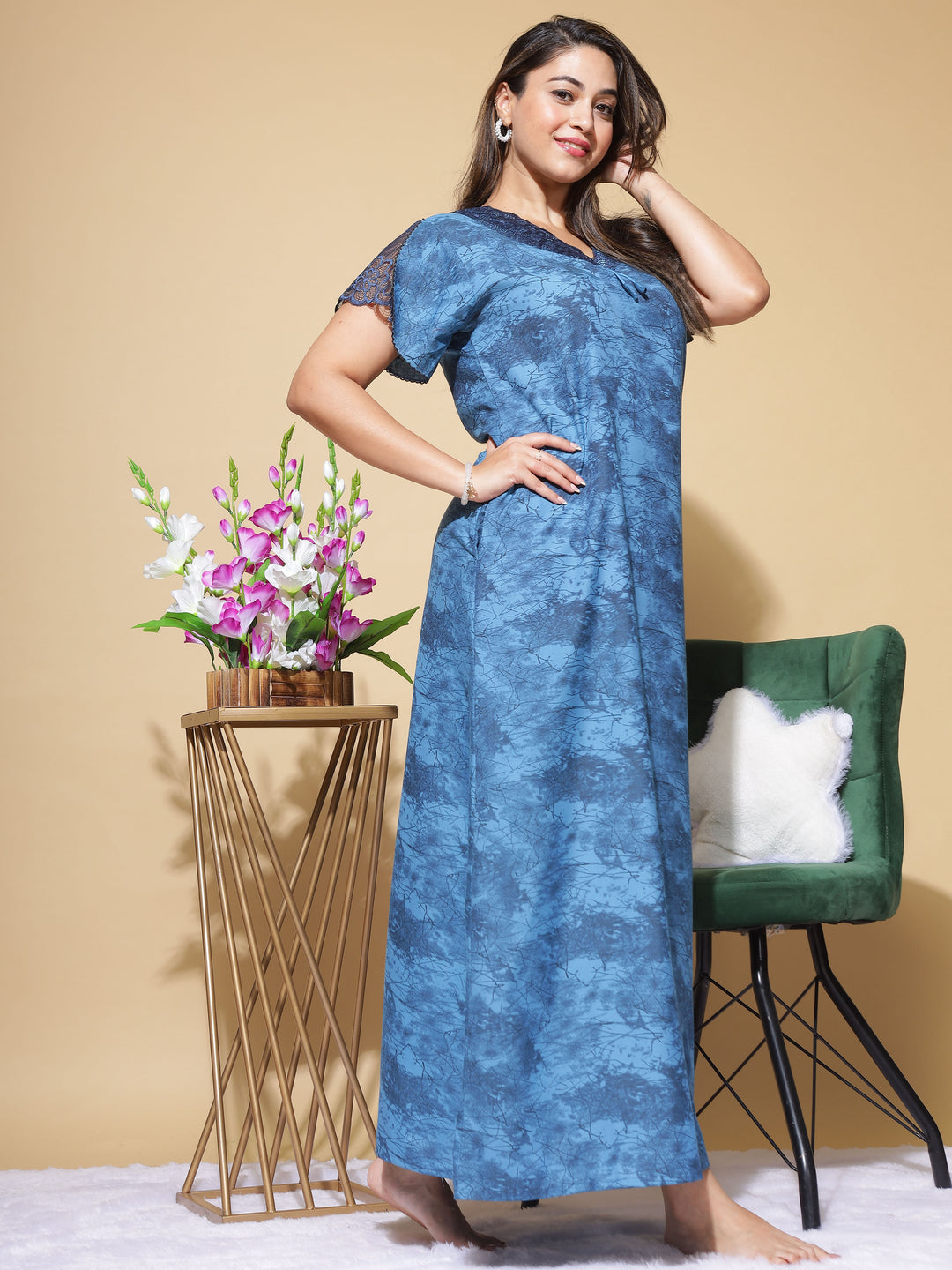  Micro Poly Viscose Nighty  Night Gown: Stylish Neckline,BLue Gown Convenient Side Pkt- 9shines label 