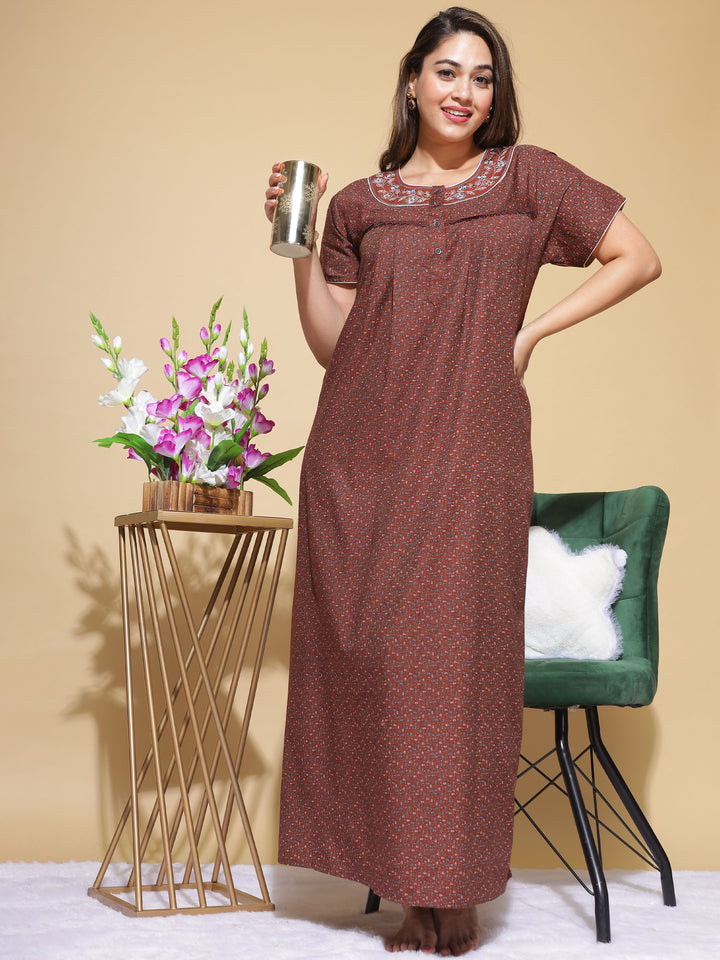 Brown Micro Poly Viscose Designer Long Nighty For Women