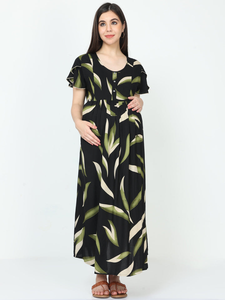  Maternity Dress  Best Maternity Nighties - Feeding Black And Green Nighty- 9shines label 