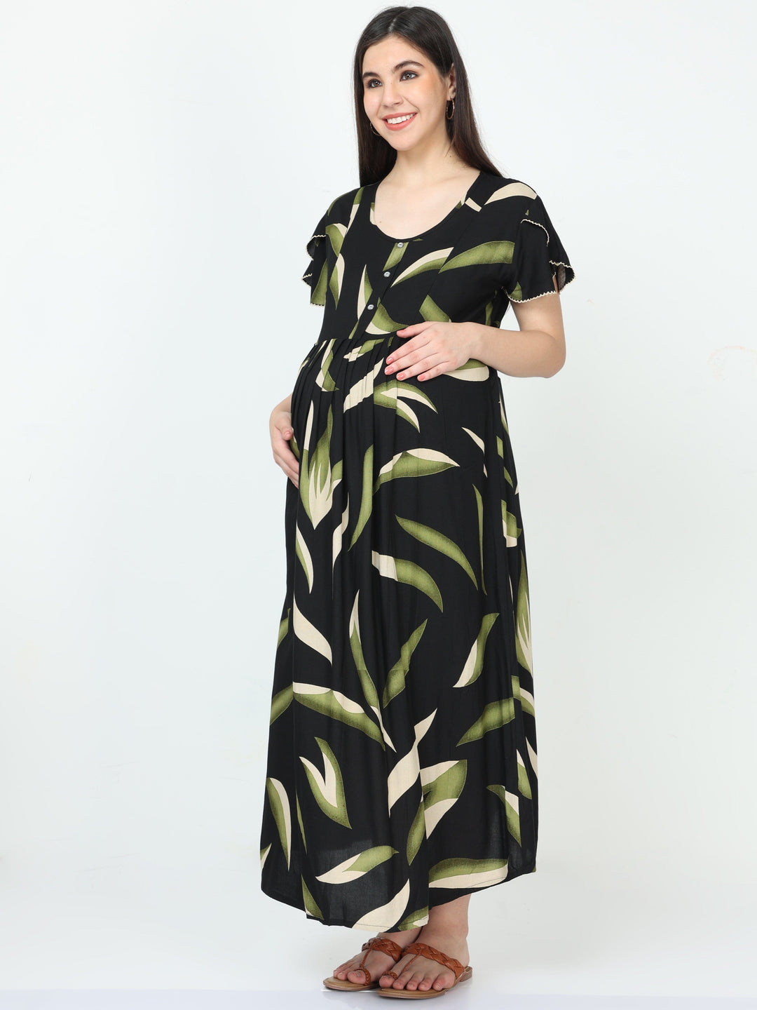  Maternity Dress  Best Maternity Nighties - Feeding Black And Green Nighty- 9shines label 