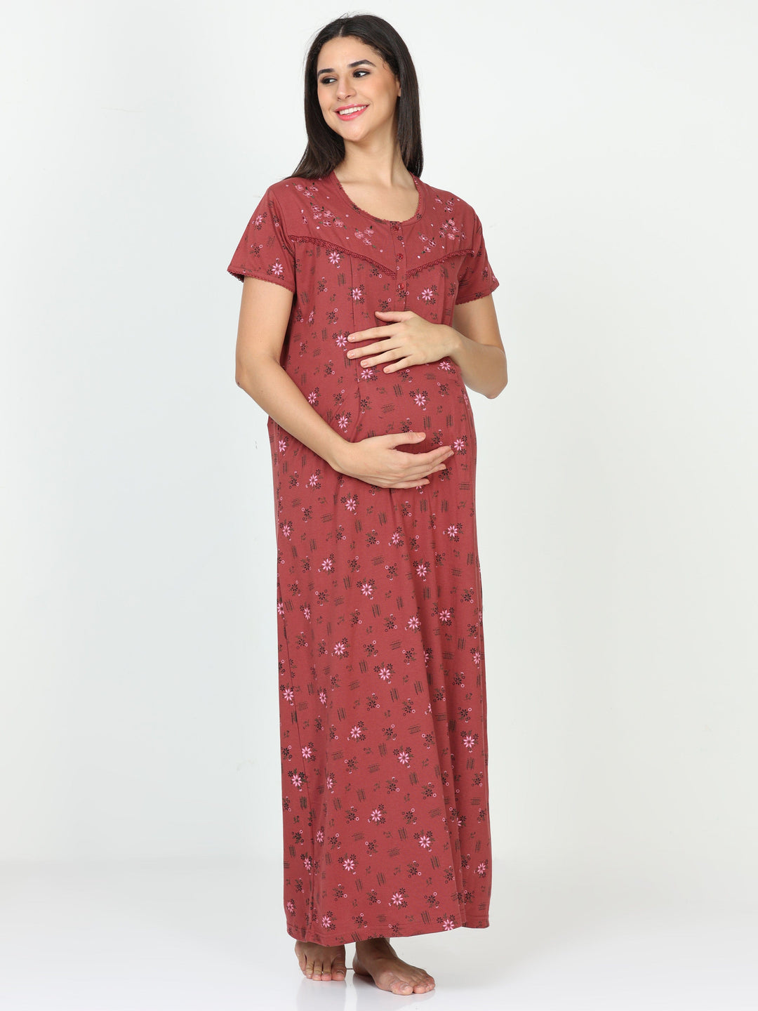  Maternity Long Nighty  Red Nighty Dress - Cotton Blend Maternity Feeding Nighty- 9shines label 