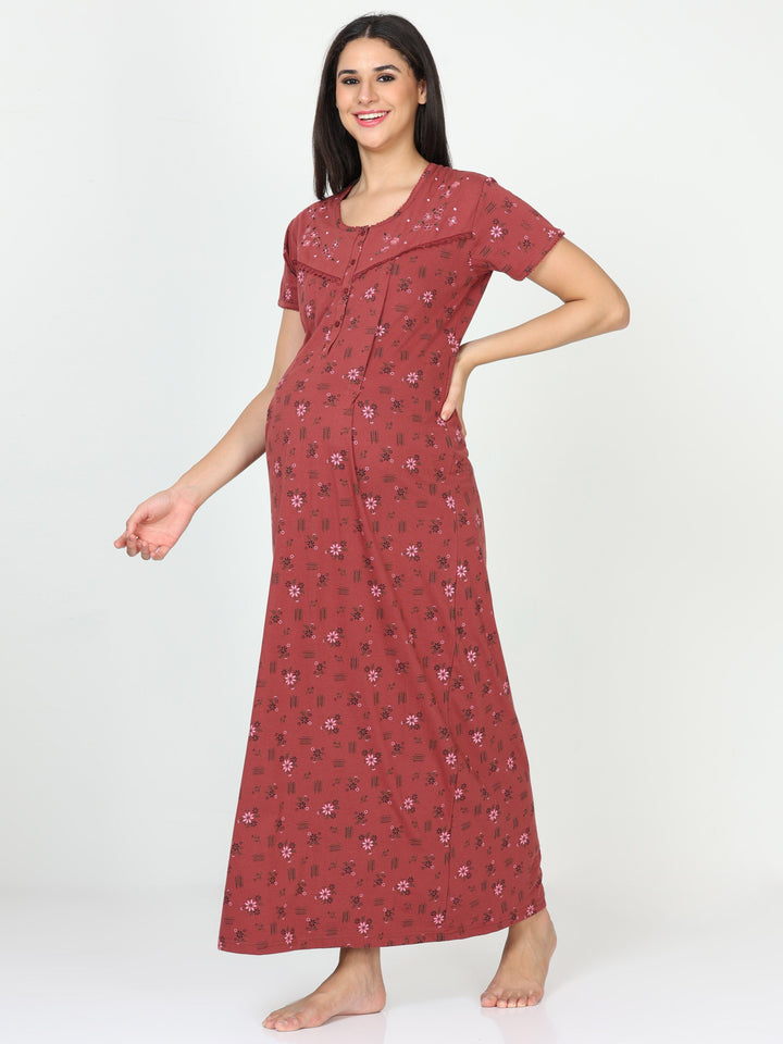  Maternity Long Nighty  Red Nighty Dress - Cotton Blend Maternity Feeding Nighty- 9shines label 