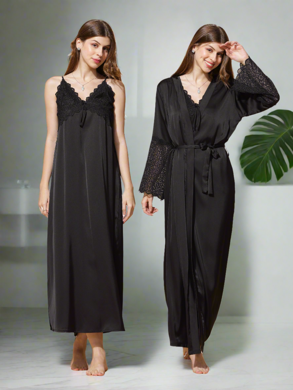  Long Robe Long Gown  Unveil Romance: Latest Sexy Black Honeymoon Robe Long Gown- 9shines label 