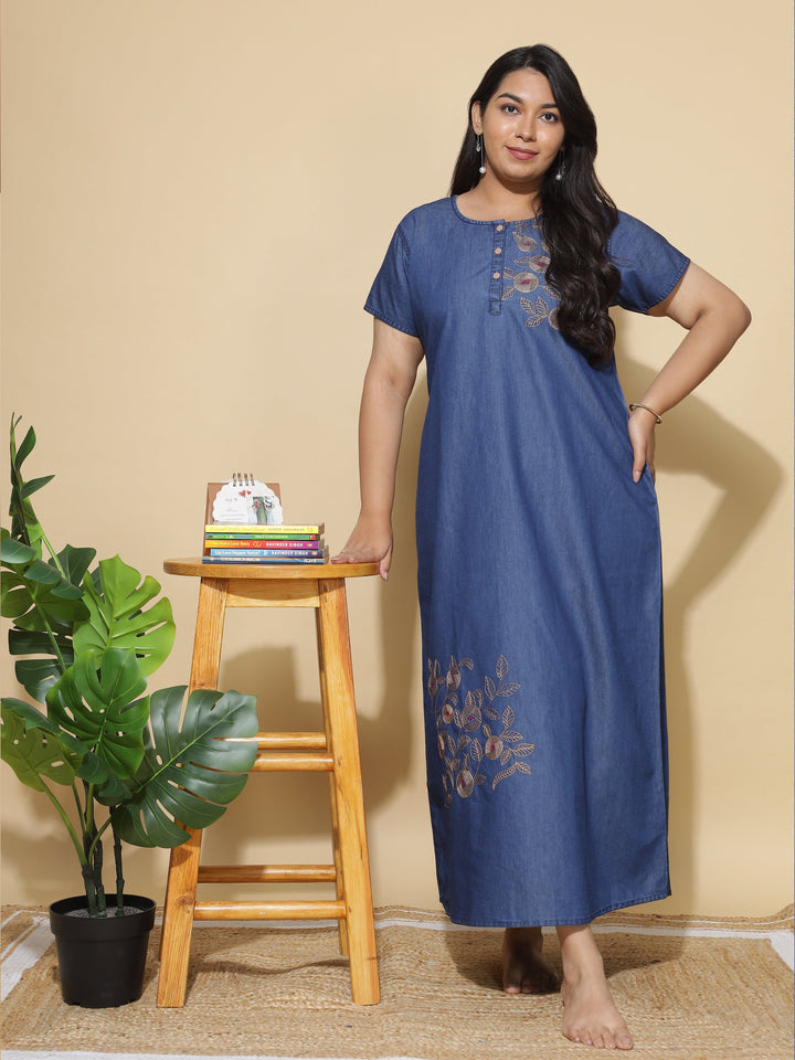  Denim Nighty  Shop Latest Dark Blue Embroidery Nighty Online in India- 9shines label 