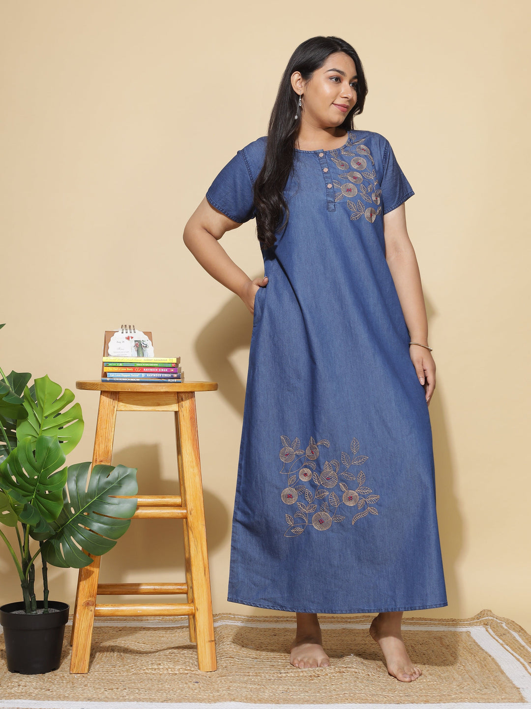  Denim Nighty  Shop Latest Dark Blue Embroidery Nighty Online in India- 9shines label 