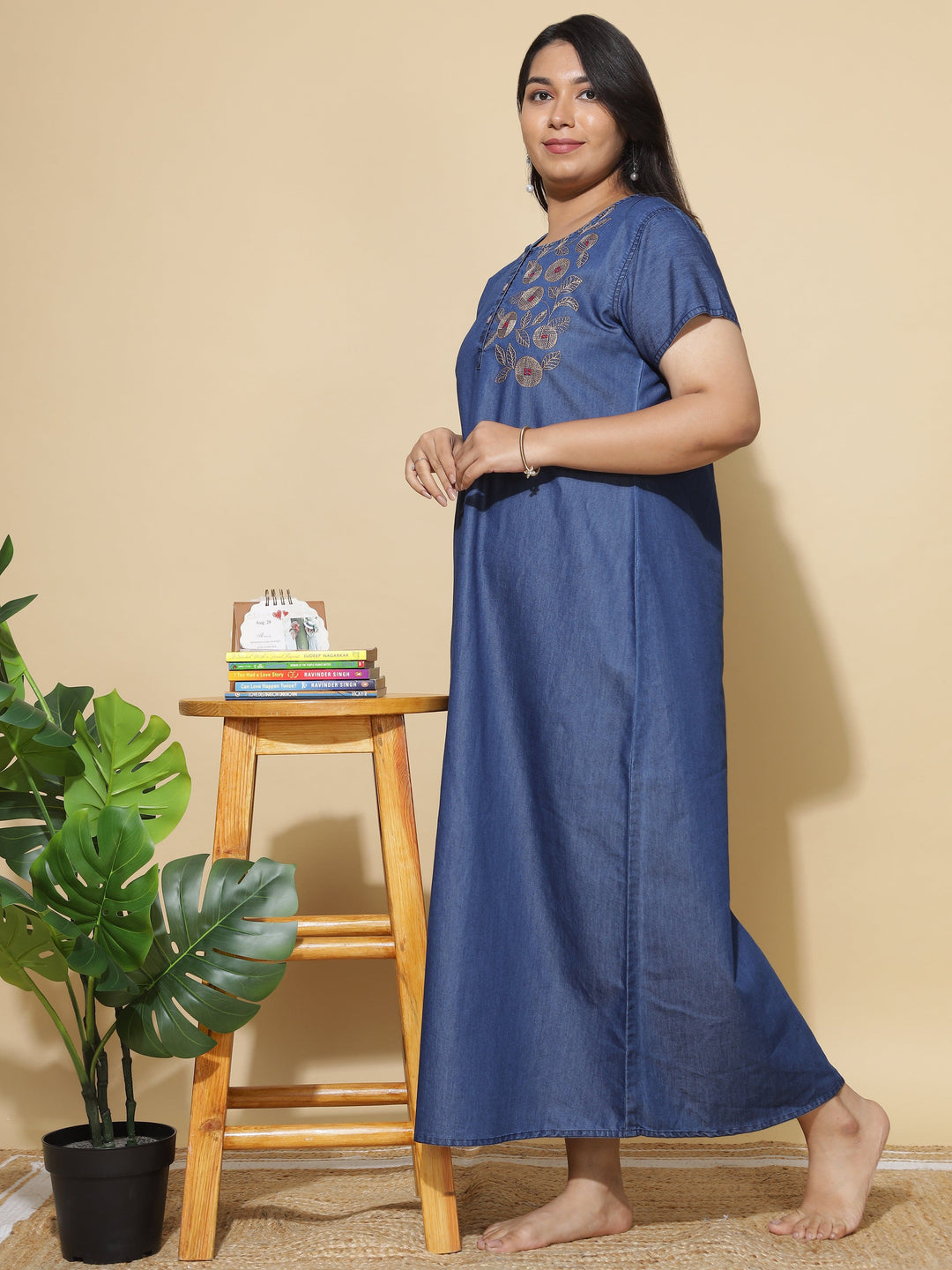  Denim Nighty  Shop Latest Dark Blue Embroidery Nighty Online in India- 9shines label 