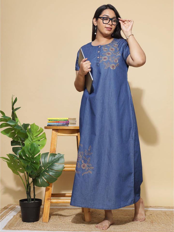  Denim Nighty  Shop Latest Dark Blue Embroidery Nighty Online in India- 9shines label 