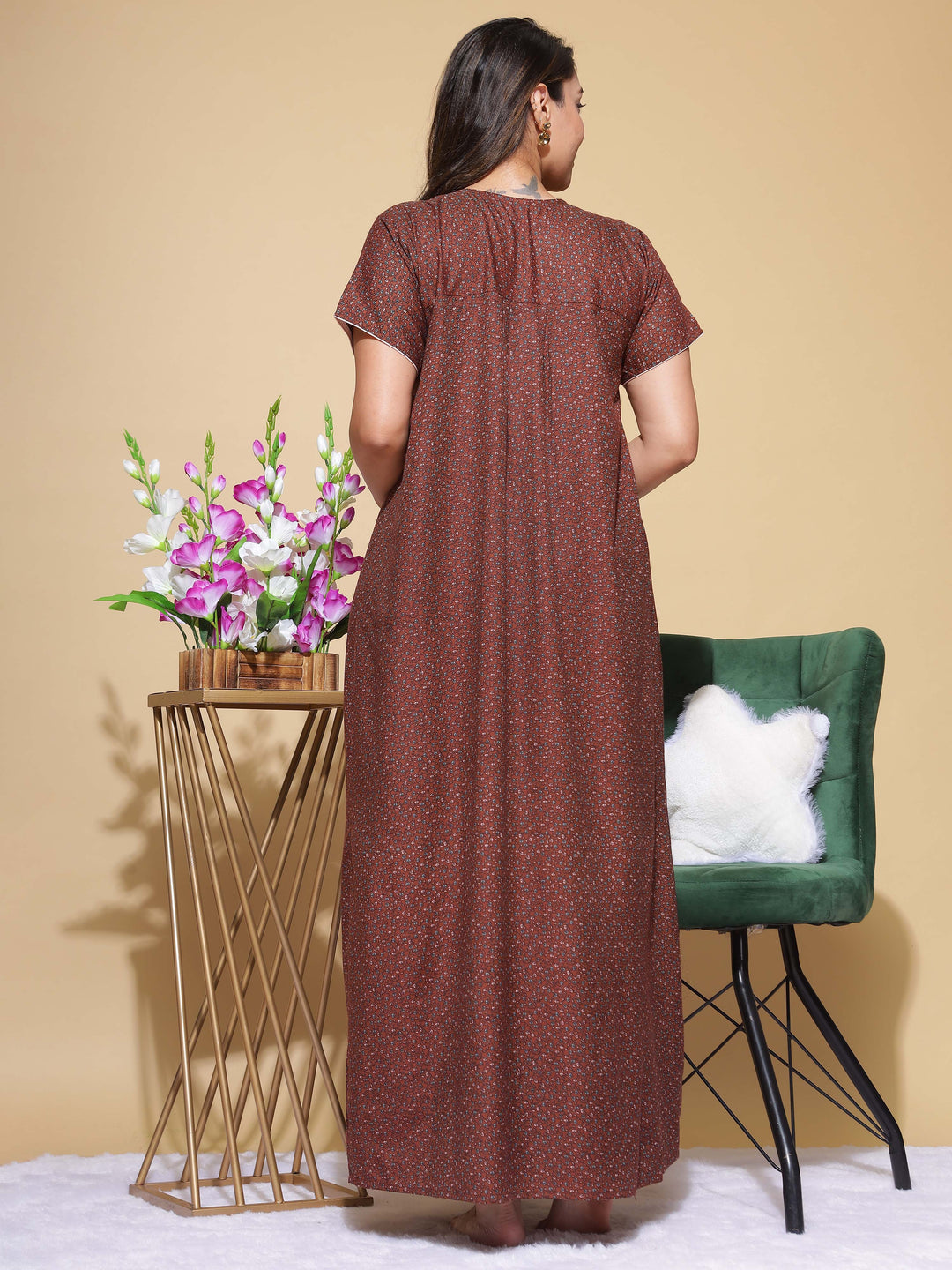 Brown Micro Poly Viscose Designer Long Nighty For Women