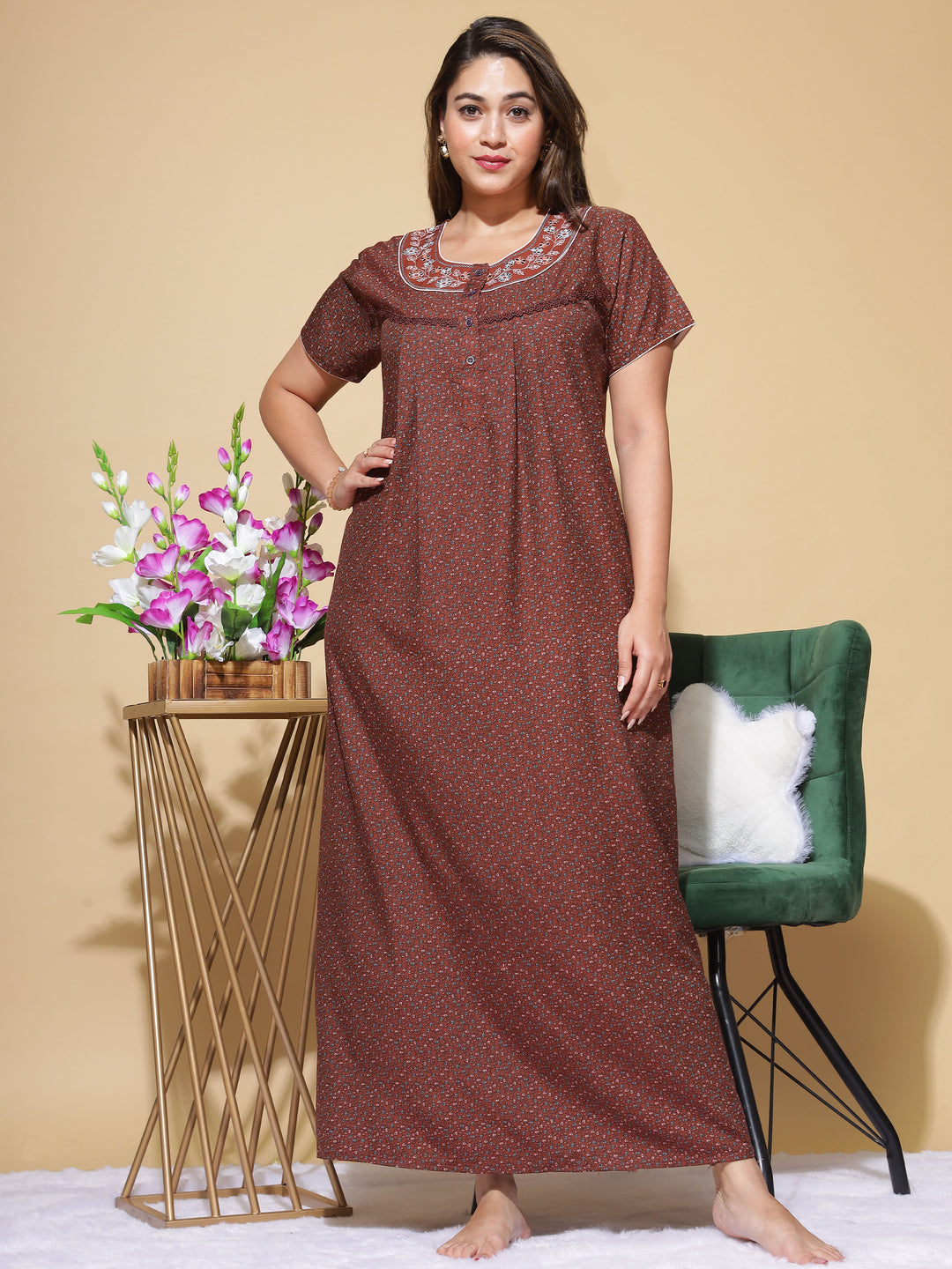 Brown Micro Poly Viscose Designer Long Nighty For Women