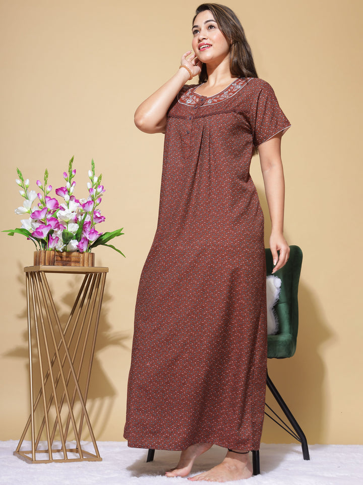 Brown Micro Poly Viscose Designer Long Nighty For Women