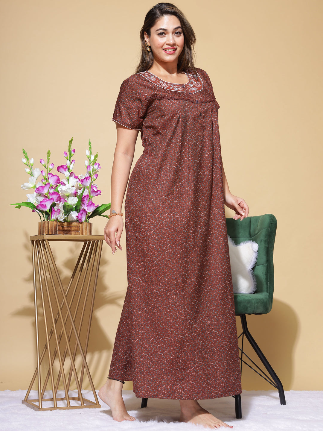 Brown Micro Poly Viscose Designer Long Nighty For Women