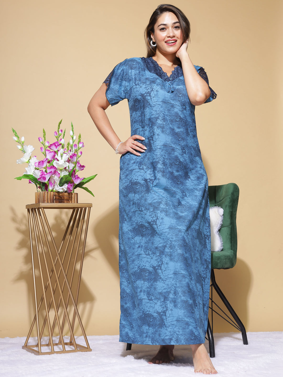  Micro Poly Viscose Nighty  Night Gown: Stylish Neckline,BLue Gown Convenient Side Pkt- 9shines label 