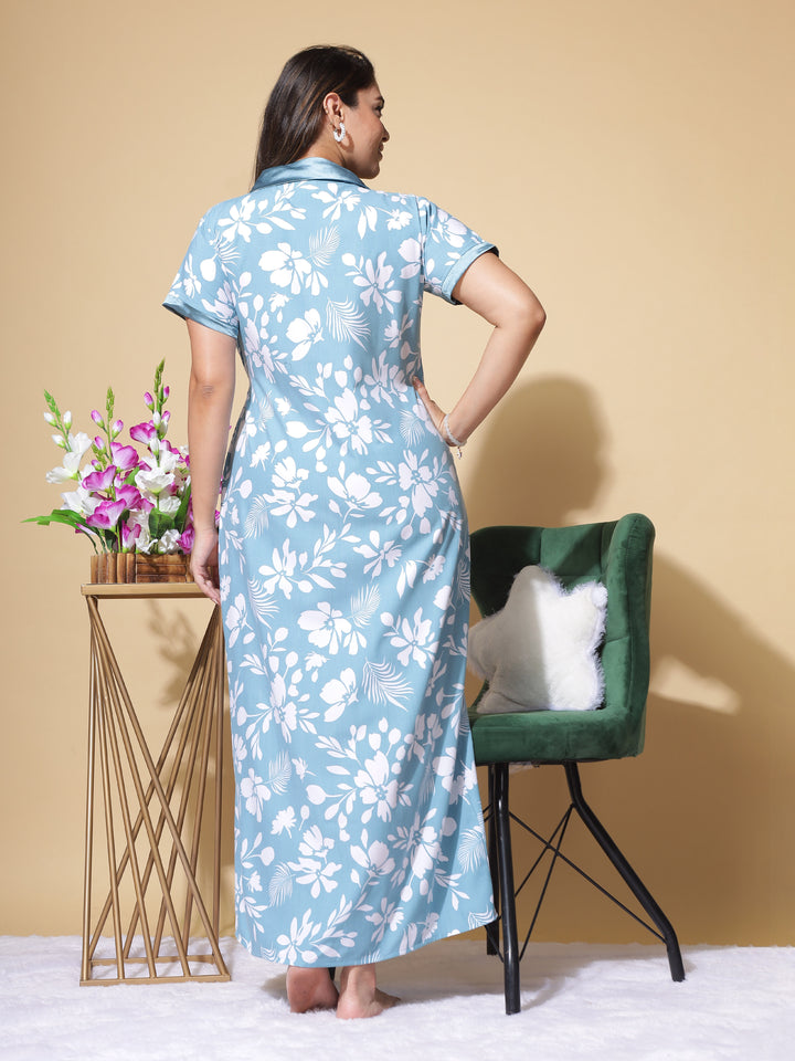 Leaf Blue Poly Viscose House Coat : Tranquil Robe