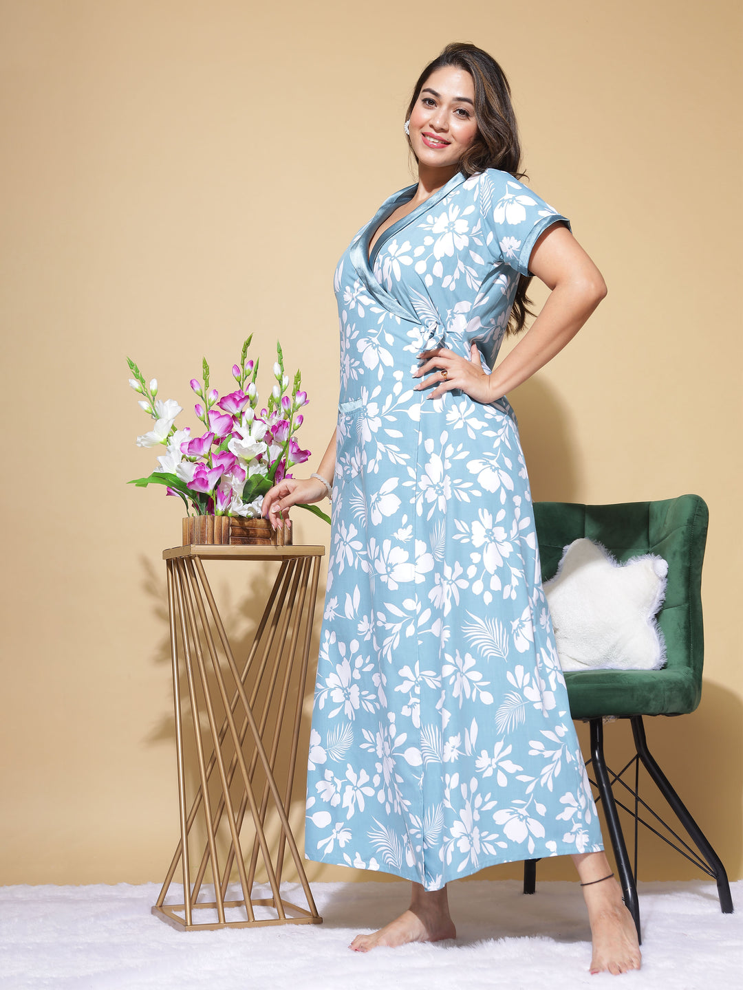 Leaf Blue Poly Viscose House Coat : Tranquil Robe