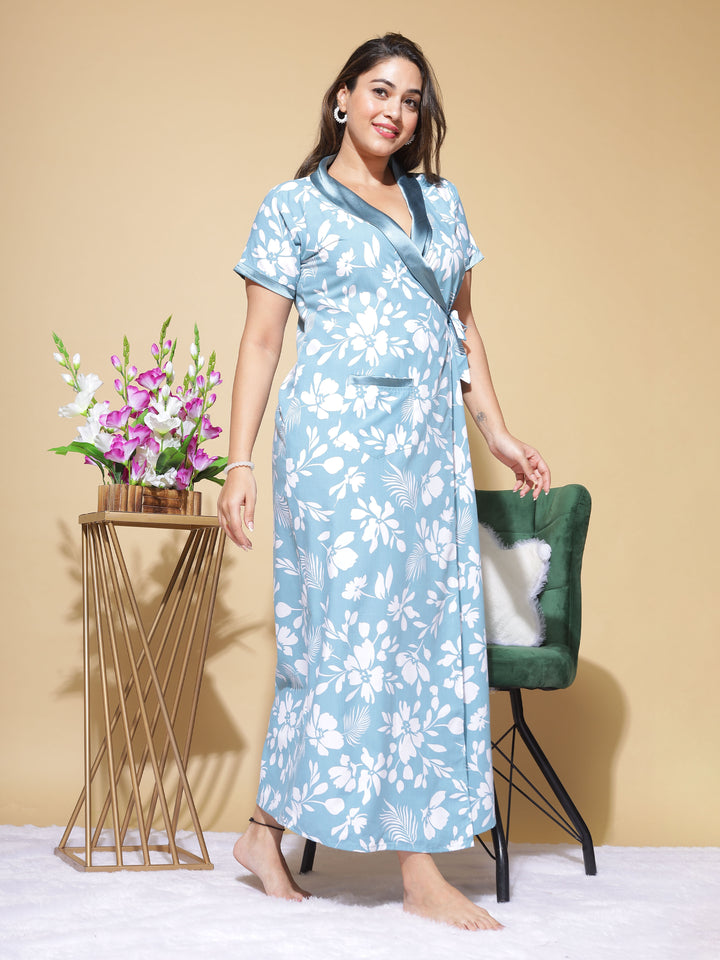 Leaf Blue Poly Viscose House Coat : Tranquil Robe