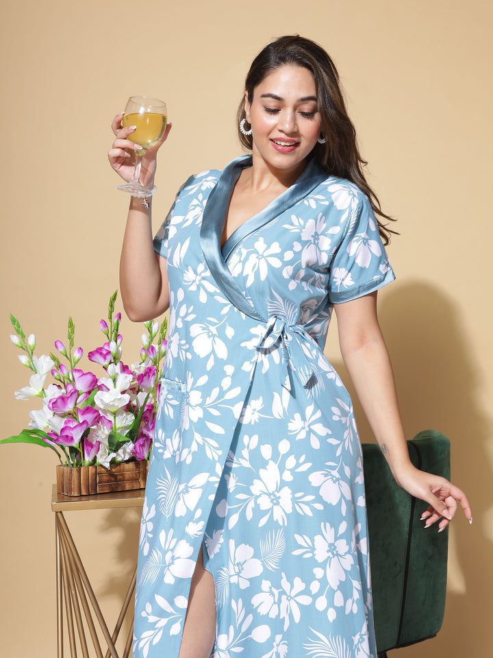 Leaf Blue Poly Viscose House Coat : Tranquil Robe