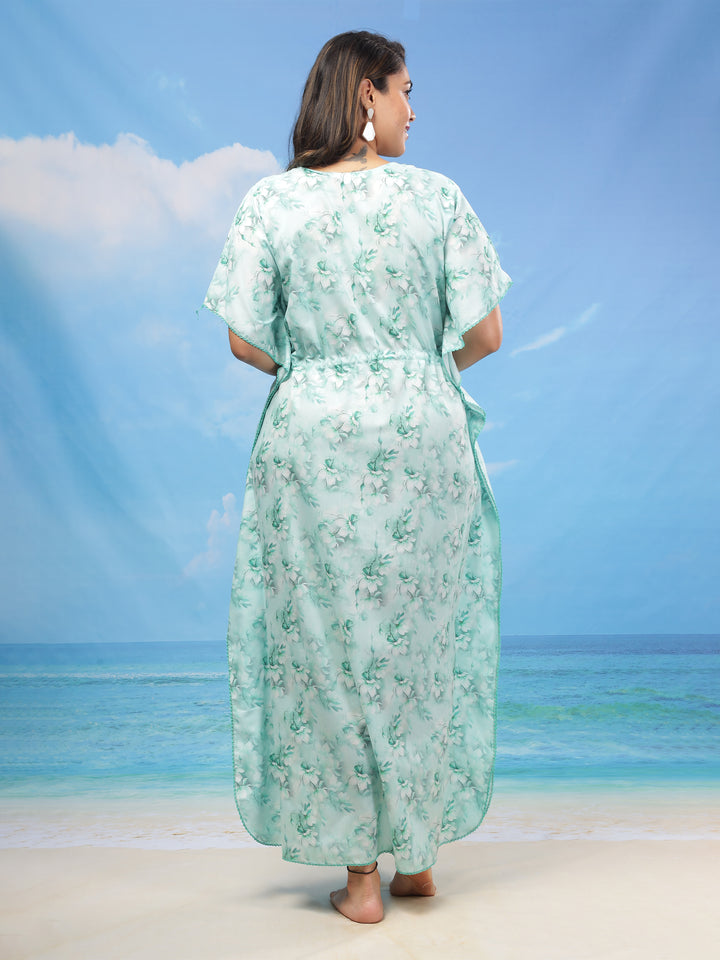 Garden Green Poly Viscose Kaftan: Embrace Serenity with Inspired Loungewear