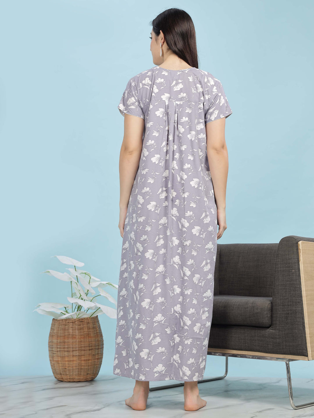 Chic Lavender Pleated Designer Nighty with Floral Print