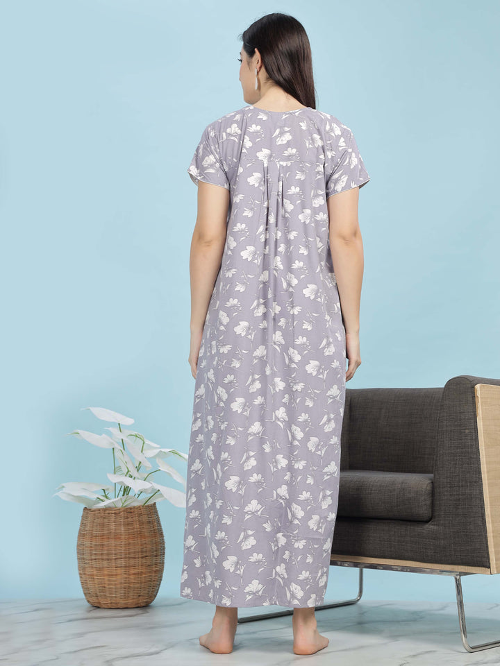 Chic Lavender Pleated Designer Nighty with Floral Print