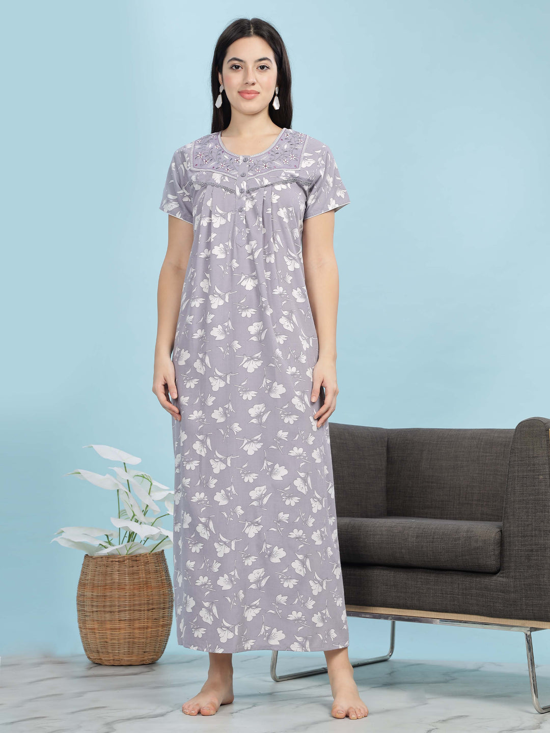 Chic Lavender Pleated Designer Nighty with Floral Print