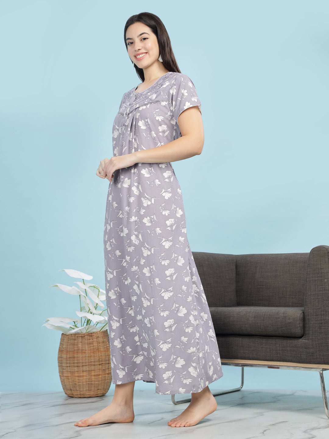 Chic Lavender Pleated Designer Nighty with Floral Print