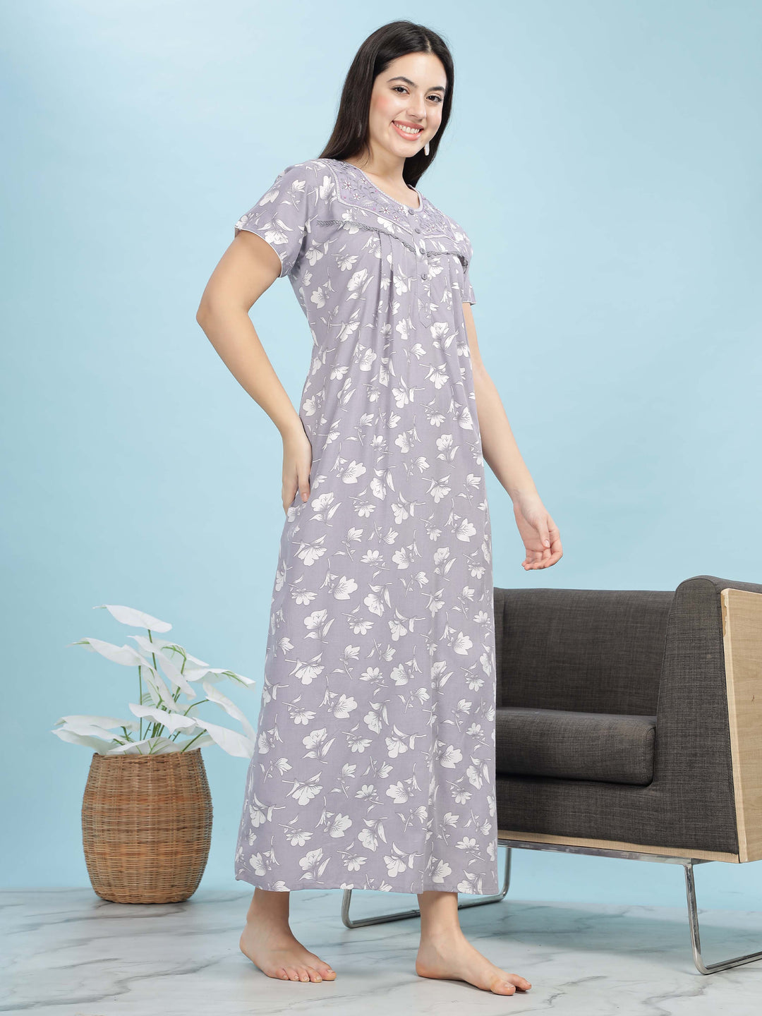 Chic Lavender Pleated Designer Nighty with Floral Print