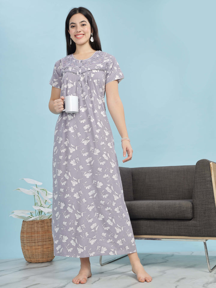 Chic Lavender Pleated Designer Nighty with Floral Print