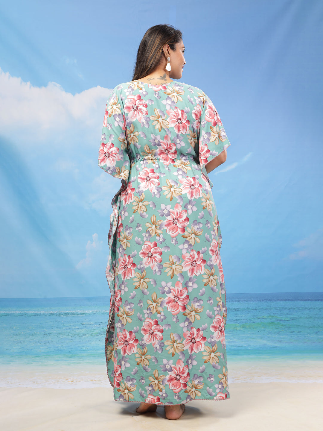  Rayon Kaftan  Green Floral Print Kaftan: Embrace Comfort and Style- 9shines label 