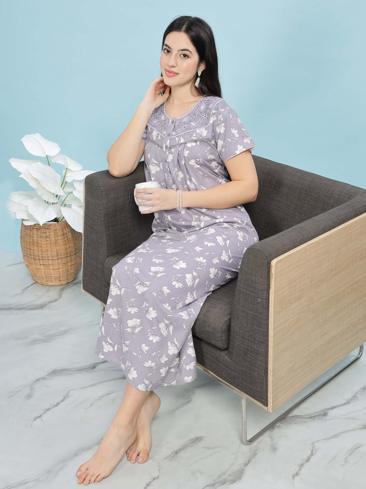 Chic Lavender Pleated Designer Nighty with Floral Print