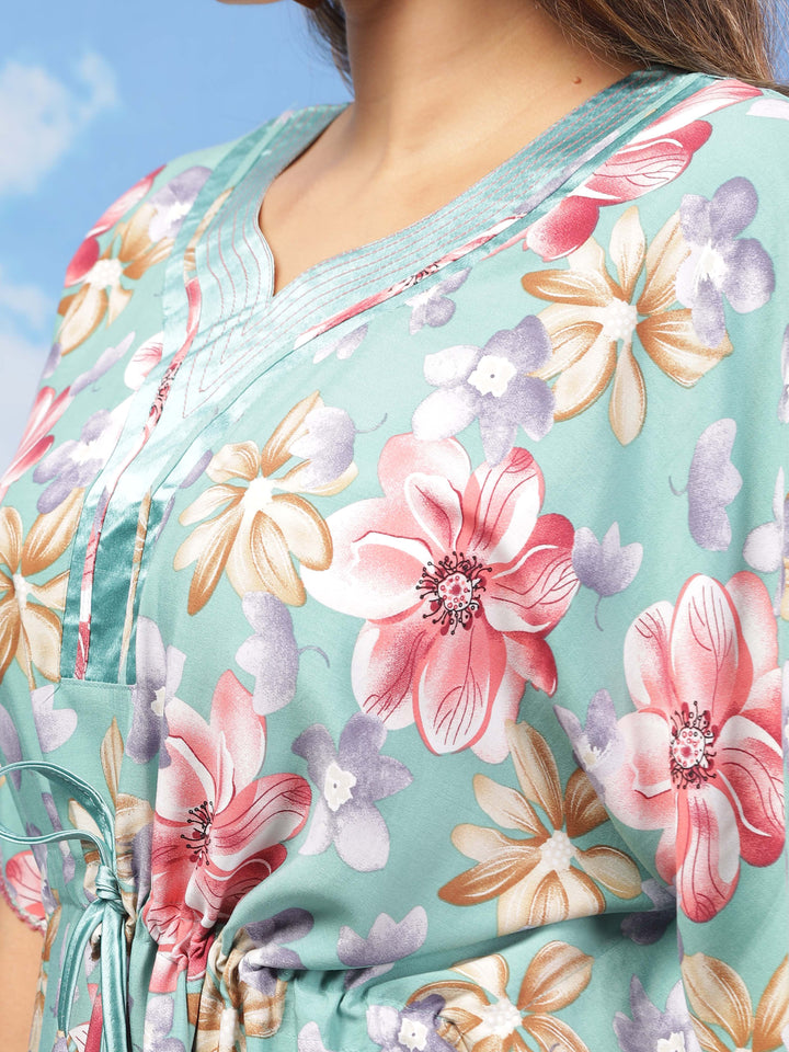  Rayon Kaftan  Green Floral Print Kaftan: Embrace Comfort and Style- 9shines label 