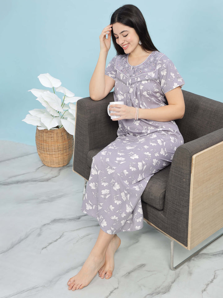 Chic Lavender Pleated Designer Nighty with Floral Print