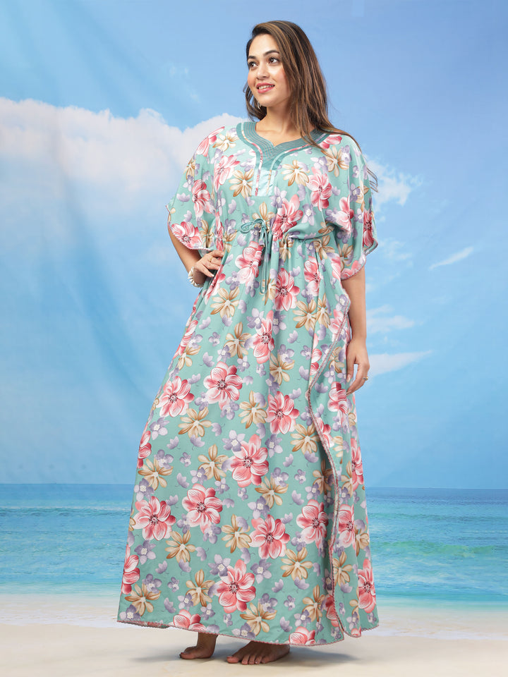  Rayon Kaftan  Green Floral Print Kaftan: Embrace Comfort and Style- 9shines label 