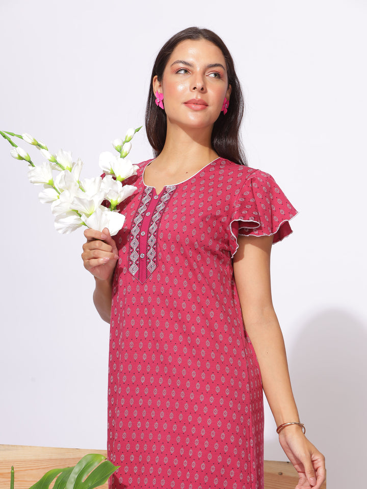 Rani Pink Cotton Designer Nighties for Women