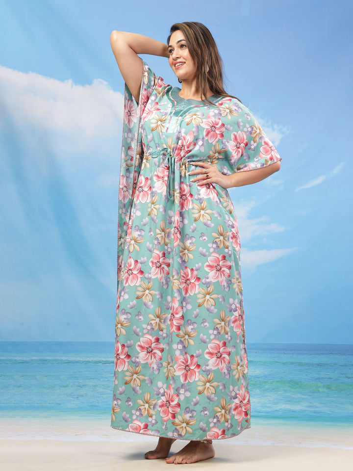  Rayon Kaftan  Green Floral Print Kaftan: Embrace Comfort and Style- 9shines label 