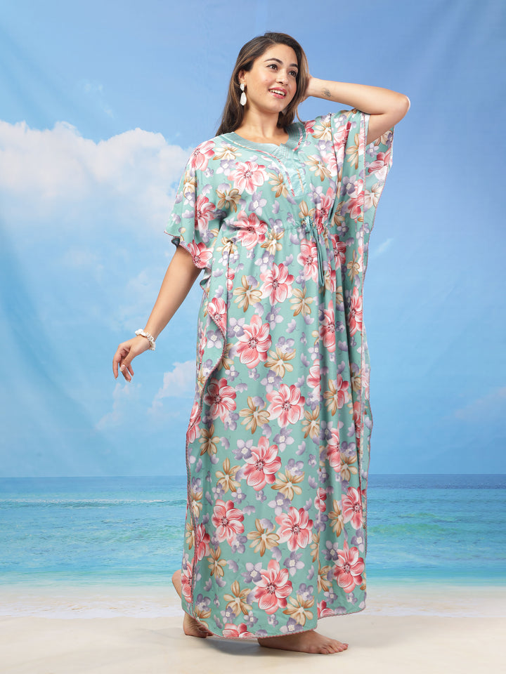  Rayon Kaftan  Green Floral Print Kaftan: Embrace Comfort and Style- 9shines label 