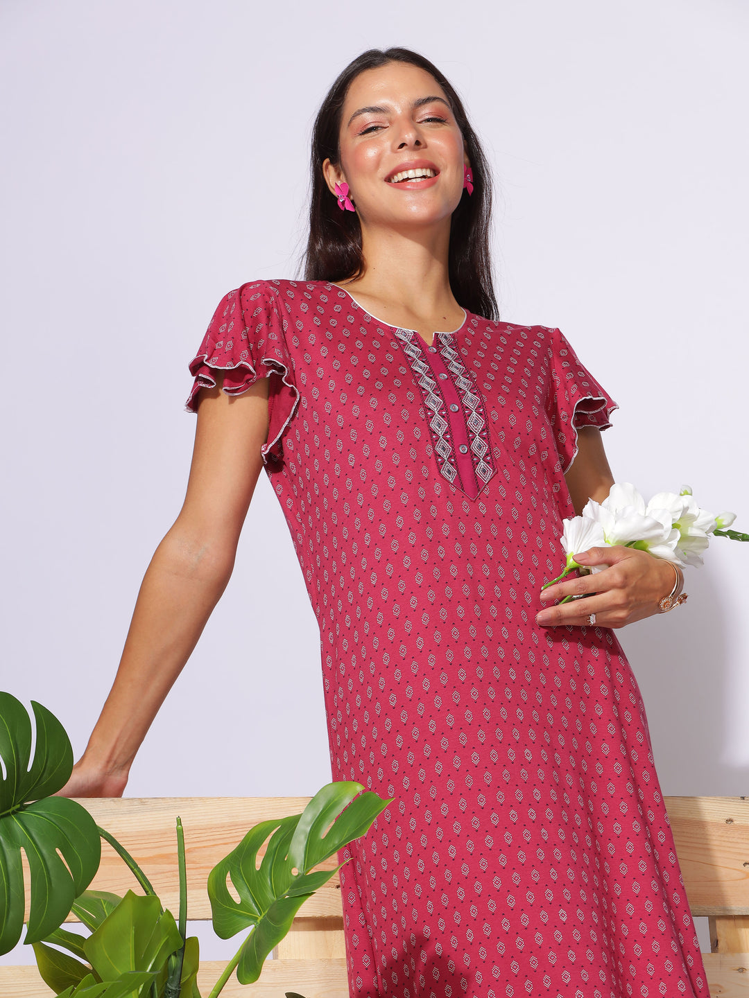 Rani Pink Cotton Designer Nighties for Women