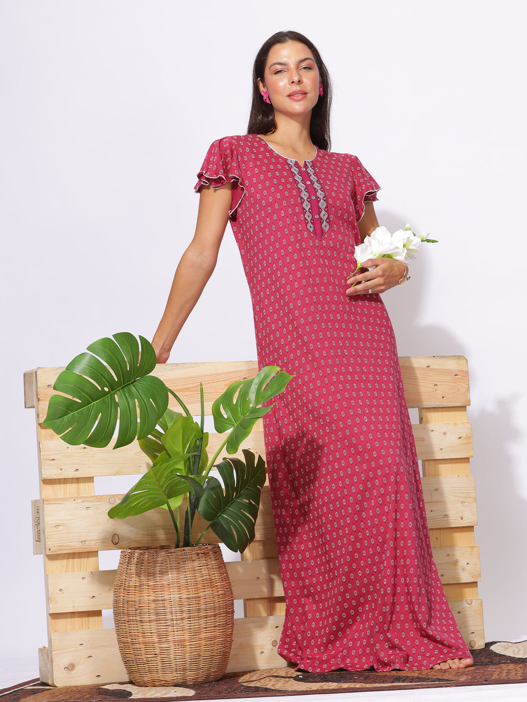 Rani Pink Cotton Designer Nighties for Women