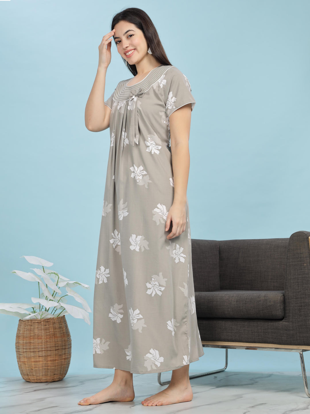 Grey Floral Designer Nighty - Comfortable & Elegant