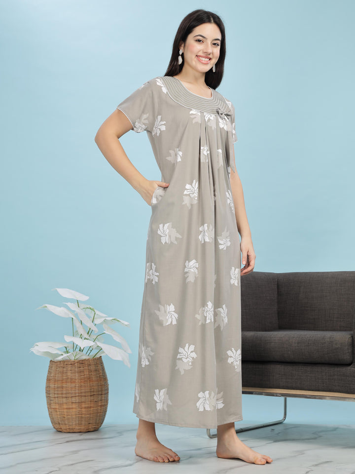 Grey Floral Designer Nighty - Comfortable & Elegant