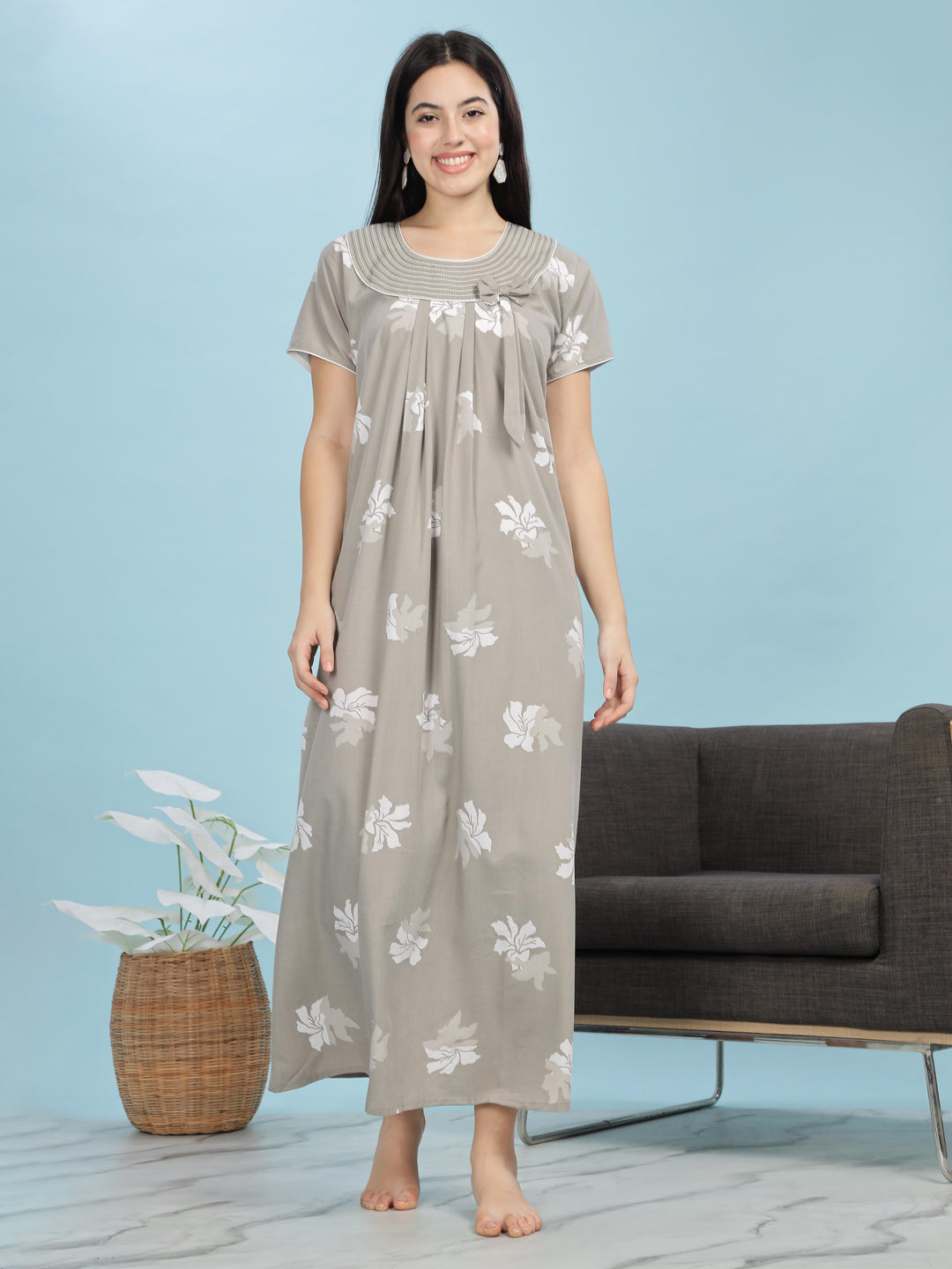 Grey Floral Designer Nighty - Comfortable & Elegant