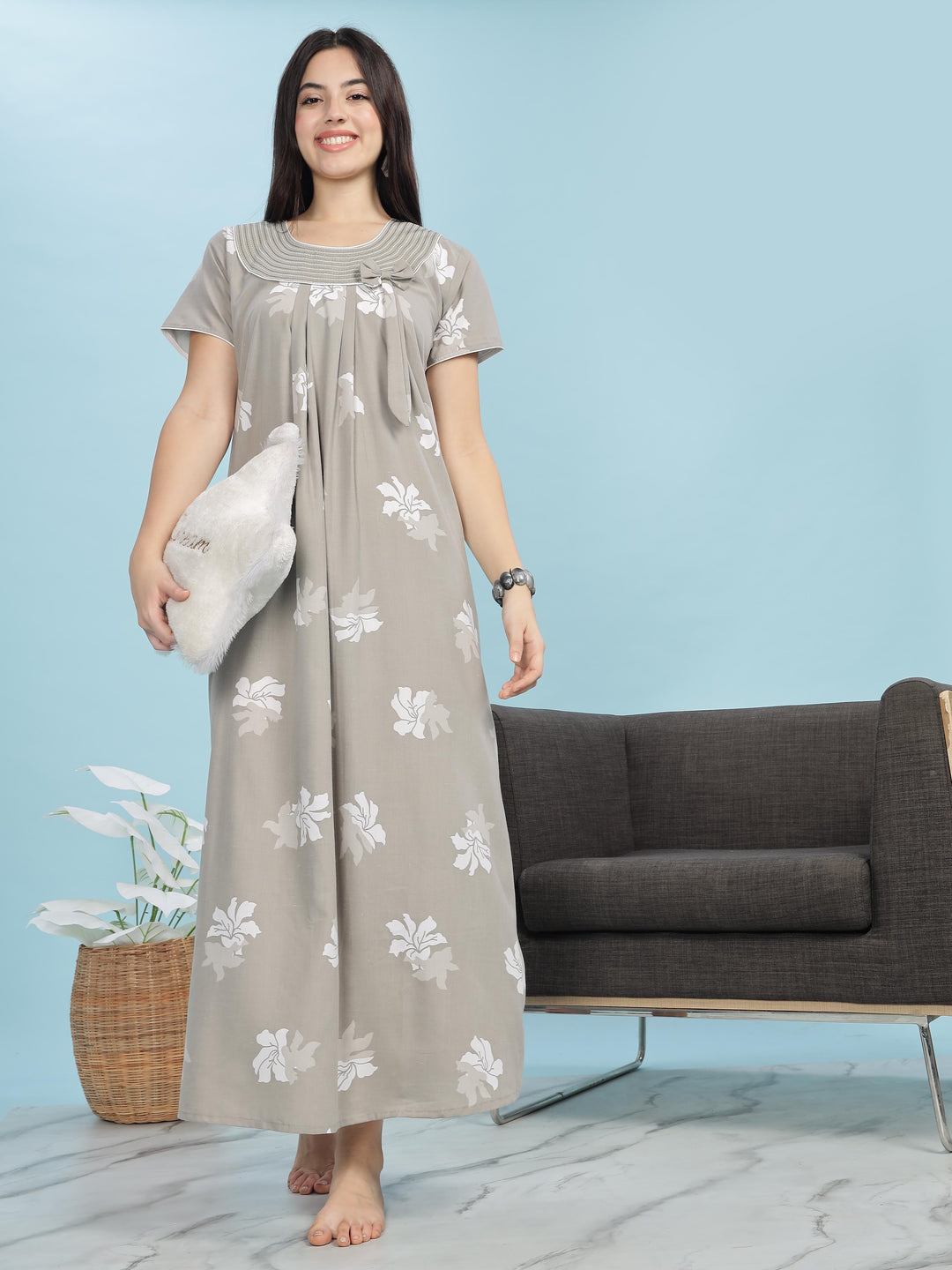 Grey Floral Designer Nighty - Comfortable & Elegant