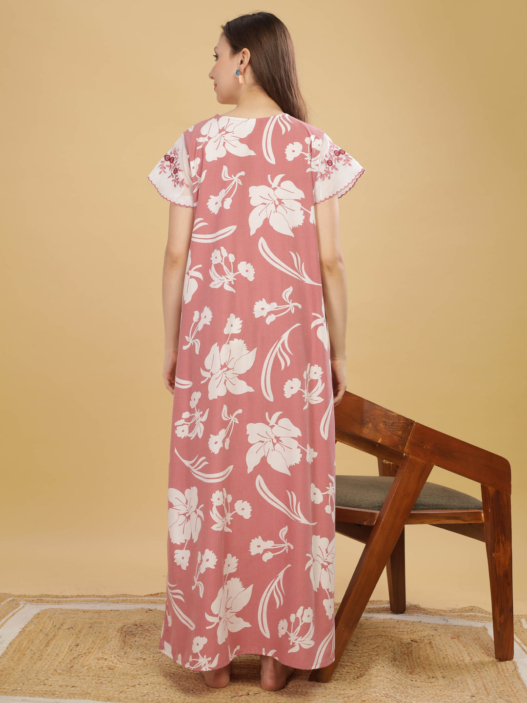 Peach Cap Sleeve Nightdress with Elegant Floral Prints & Pocket