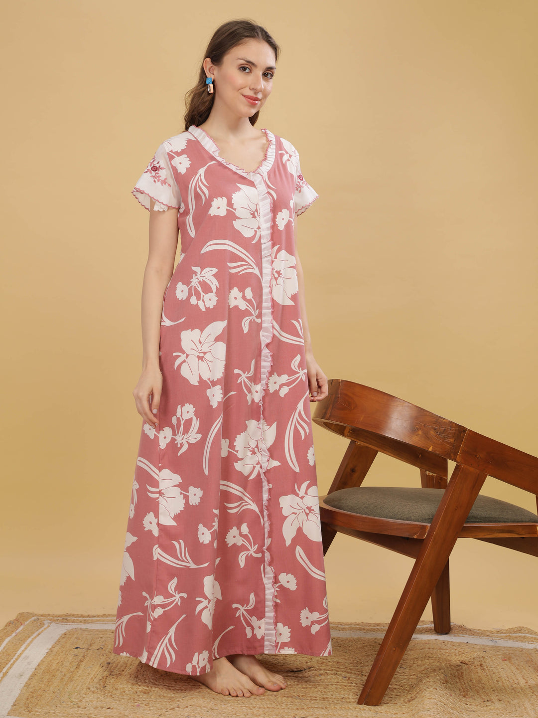 Peach Cap Sleeve Nightdress with Elegant Floral Prints & Pocket