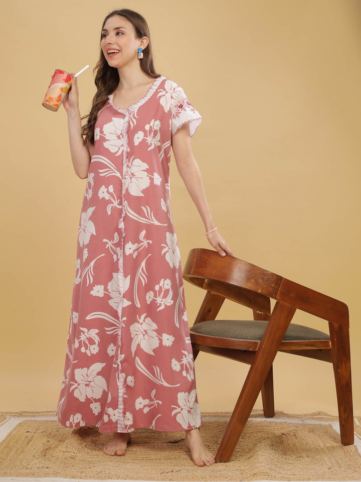 Peach Cap Sleeve Nightdress with Elegant Floral Prints & Pocket