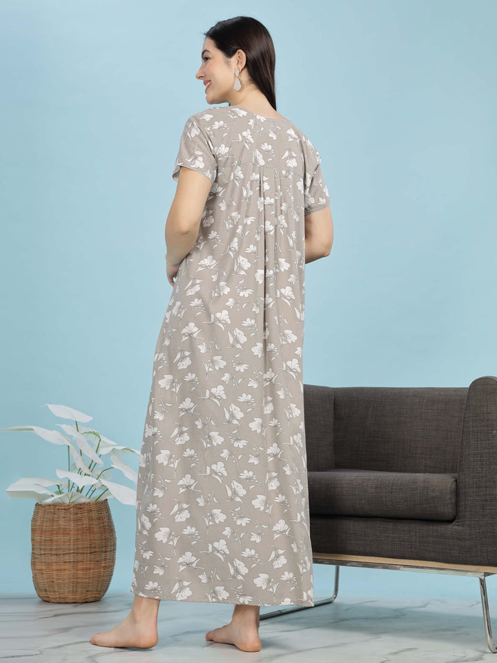 Elegant Light Grey Pleated Designer Nighty with Embroidery & Pocket