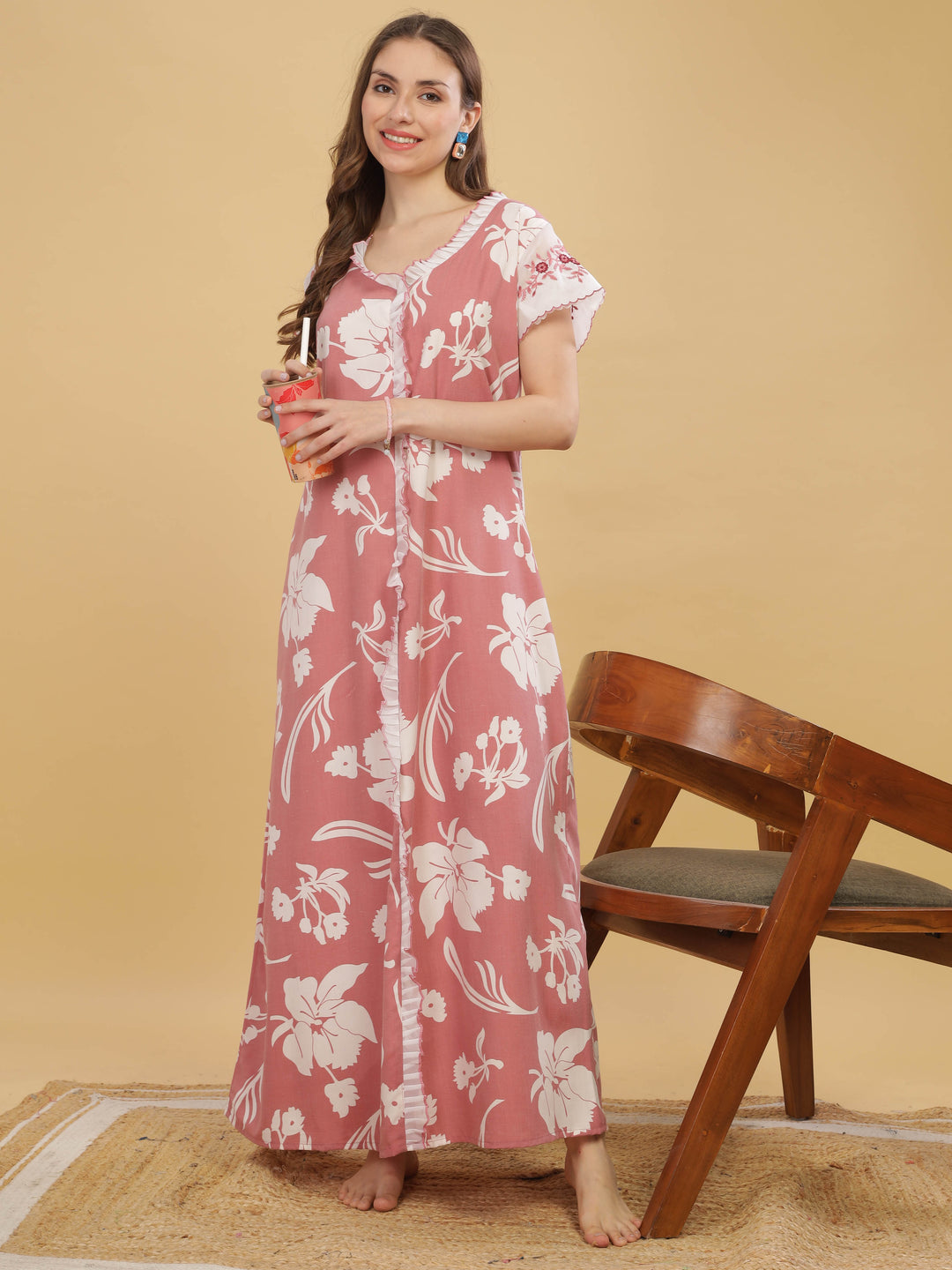 Peach Cap Sleeve Nightdress with Elegant Floral Prints & Pocket