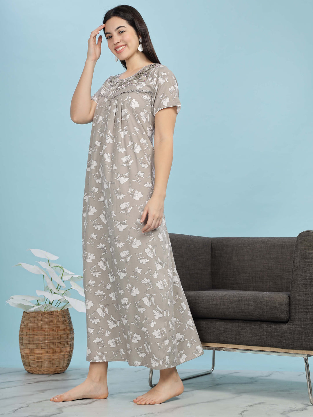 Elegant Light Grey Pleated Designer Nighty with Embroidery & Pocket