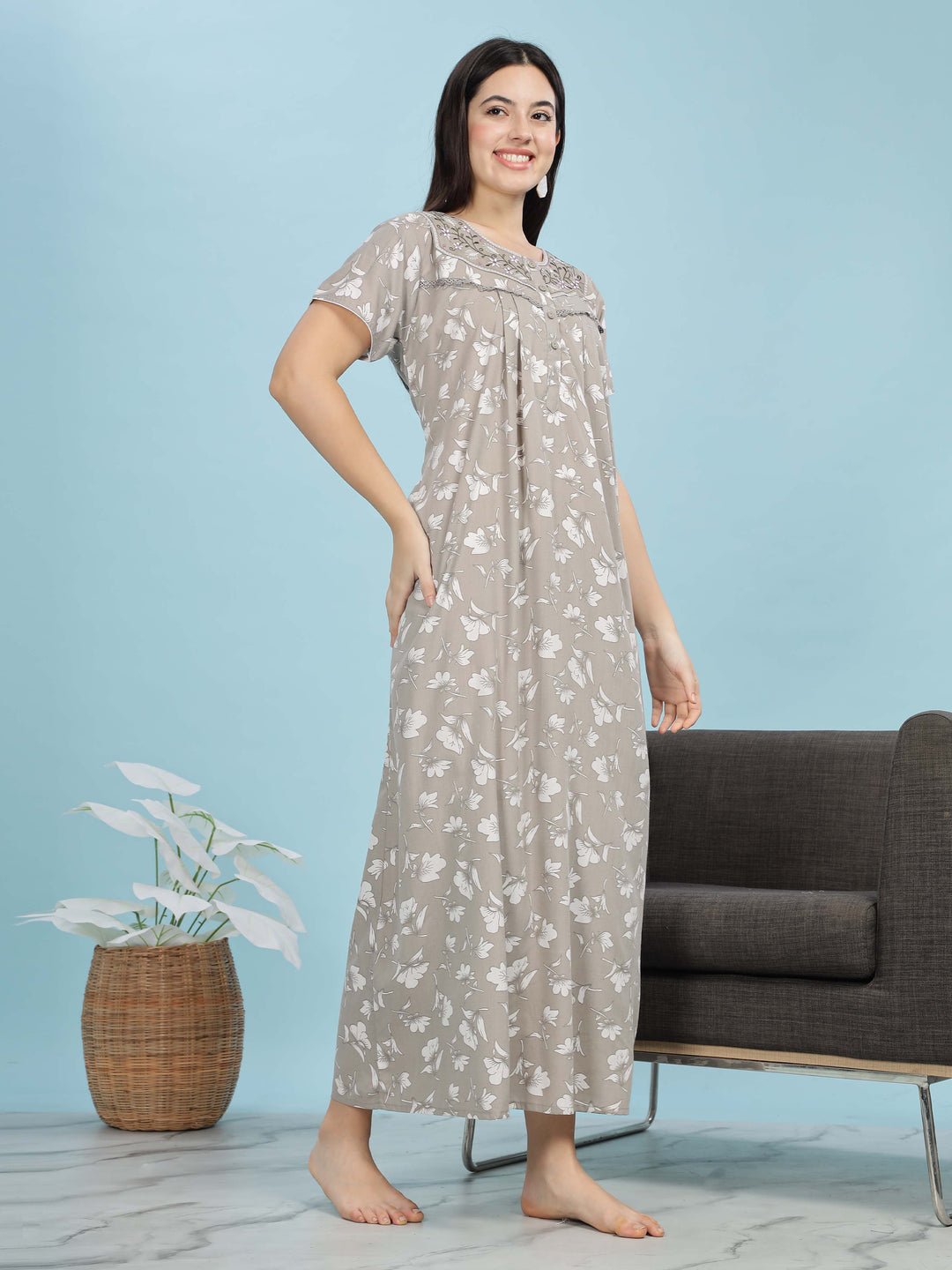 Elegant Light Grey Pleated Designer Nighty with Embroidery & Pocket