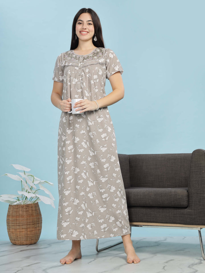 Elegant Light Grey Pleated Designer Nighty with Embroidery & Pocket